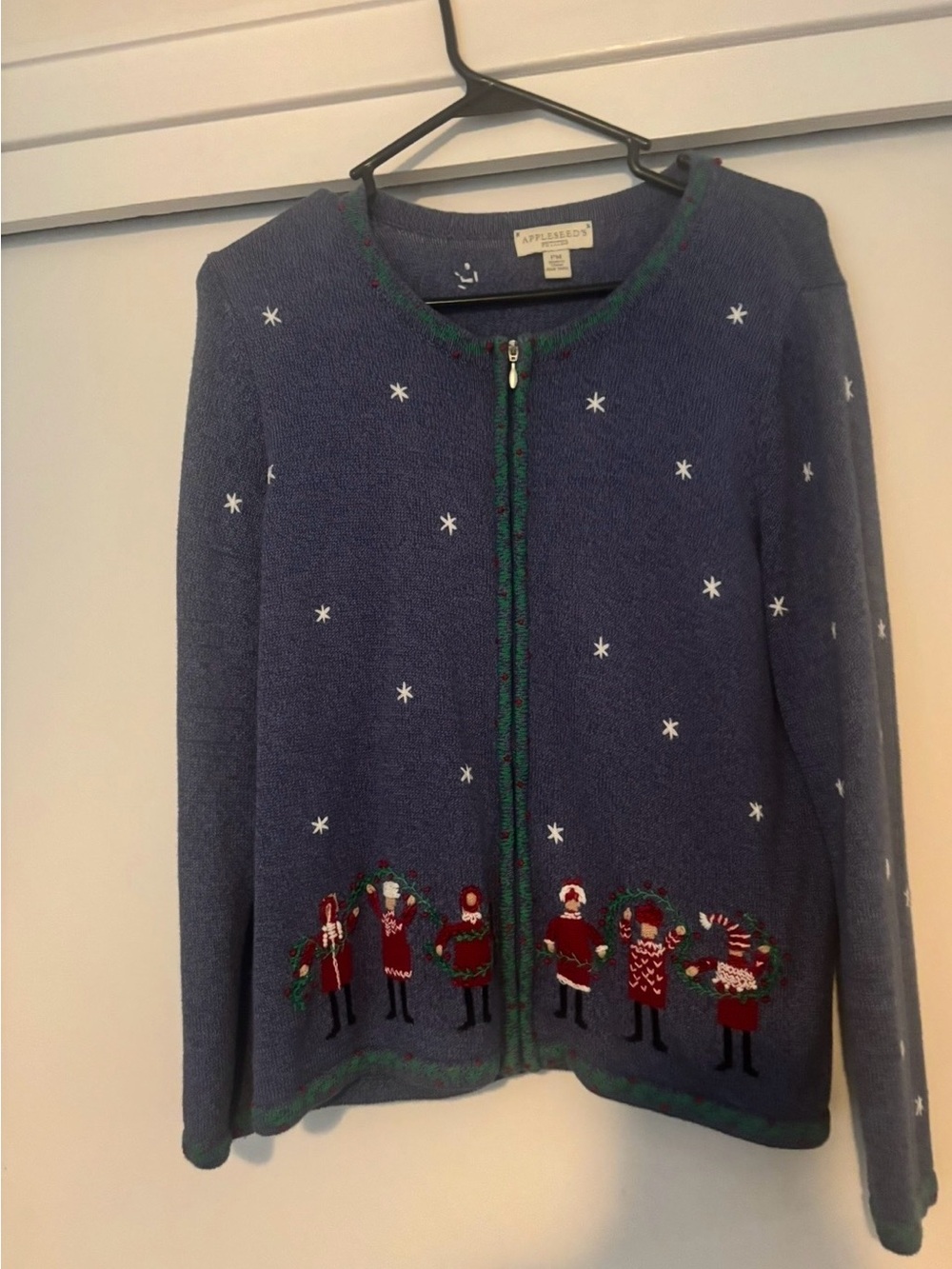 Appleseed's Navy Zip-Front Sweater Cardigan with Green Trim and Red Dots